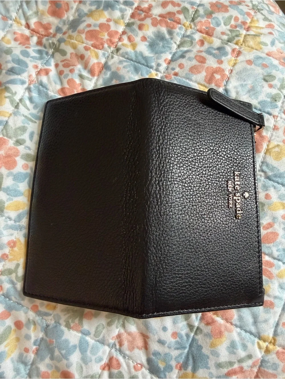 kate spade black leather zip card wallet with gold logo